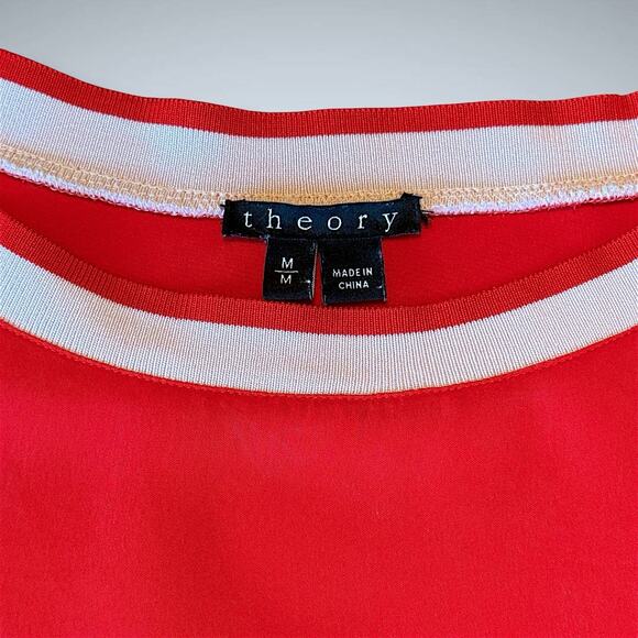 Theory Bonda Silk Tank Top Red White Trim Sleeveless Knit Collar Quiet Luxury M - Picture 3 of 13